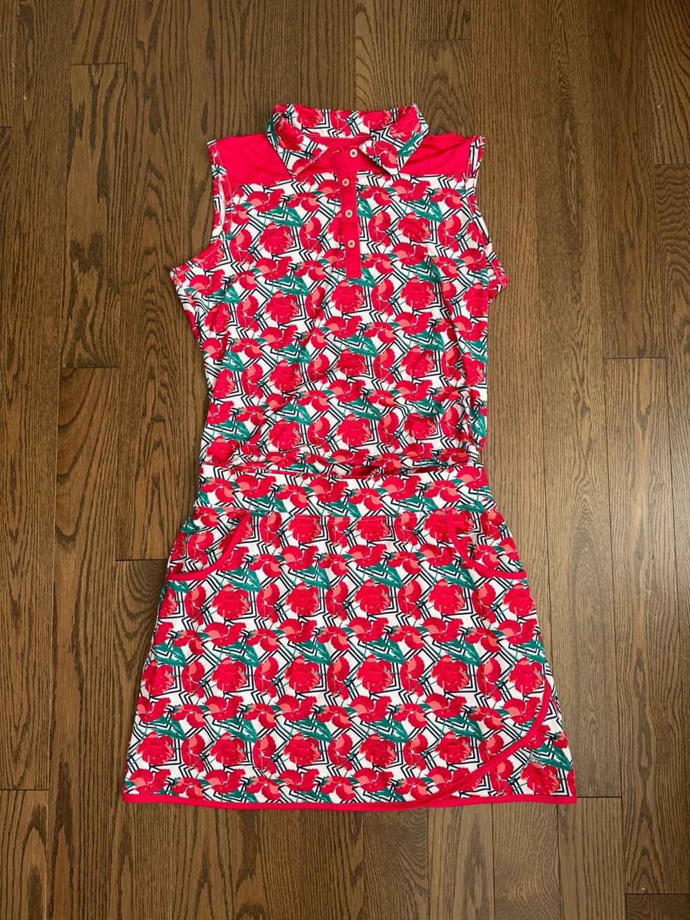 Sleeveless Floral Polo Dress in Red and Green